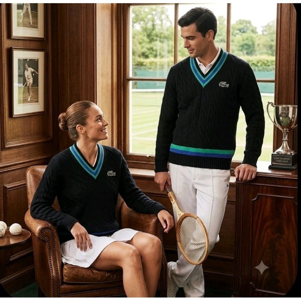 Lacoste Cable Knit Sweater V-Neck Tennis Pullover L Wool Blend Striped Unisex